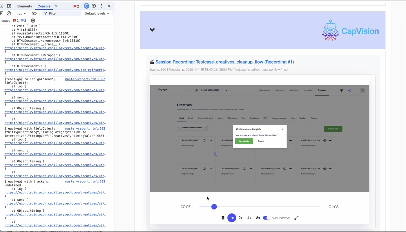 Split view: Chrome DevTools console alongside CapVision DOM replay — UI state and console output from the same moment in the test run