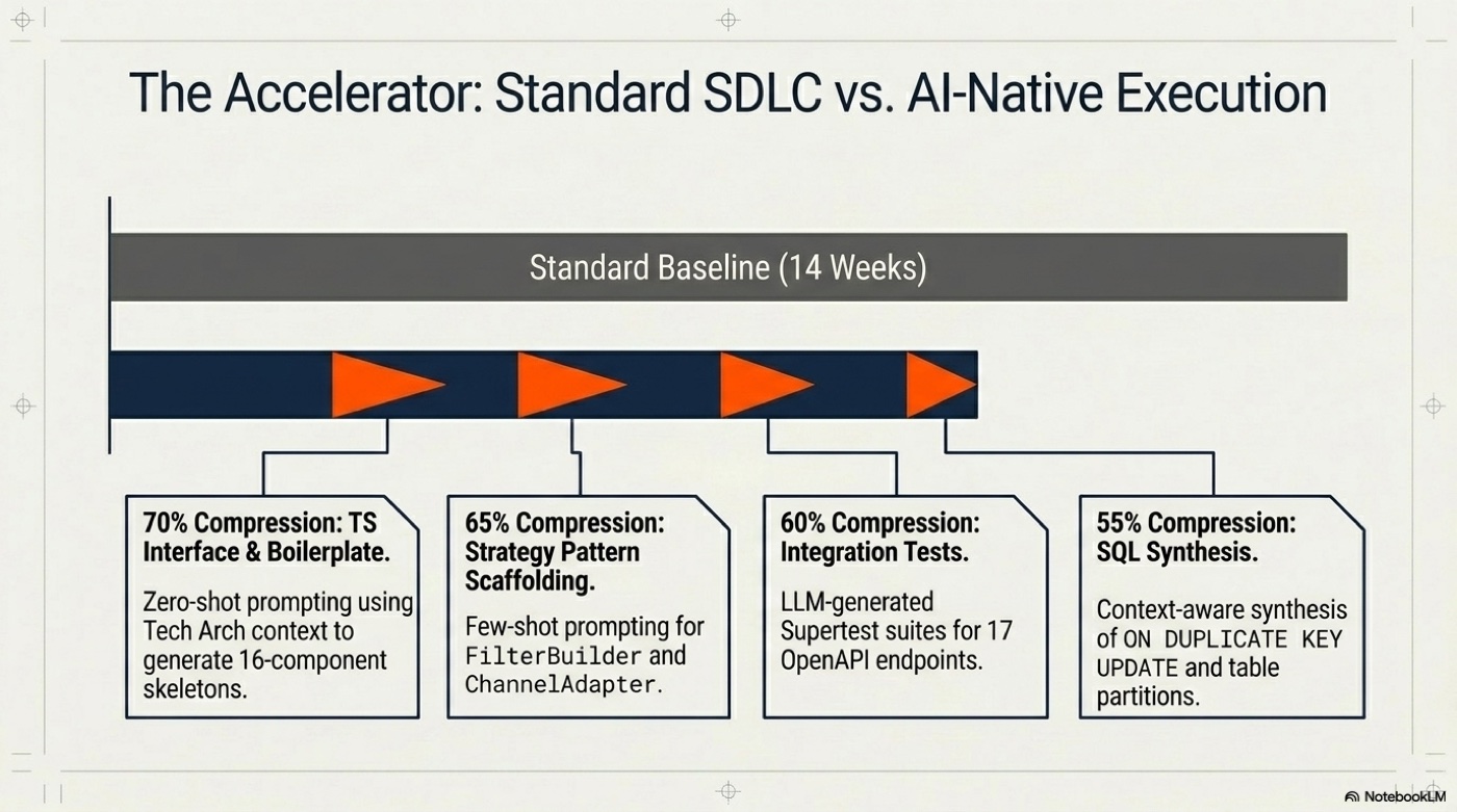 Standard 14-week SDLC vs AI-native discovery compression — four weeks to validated architecture