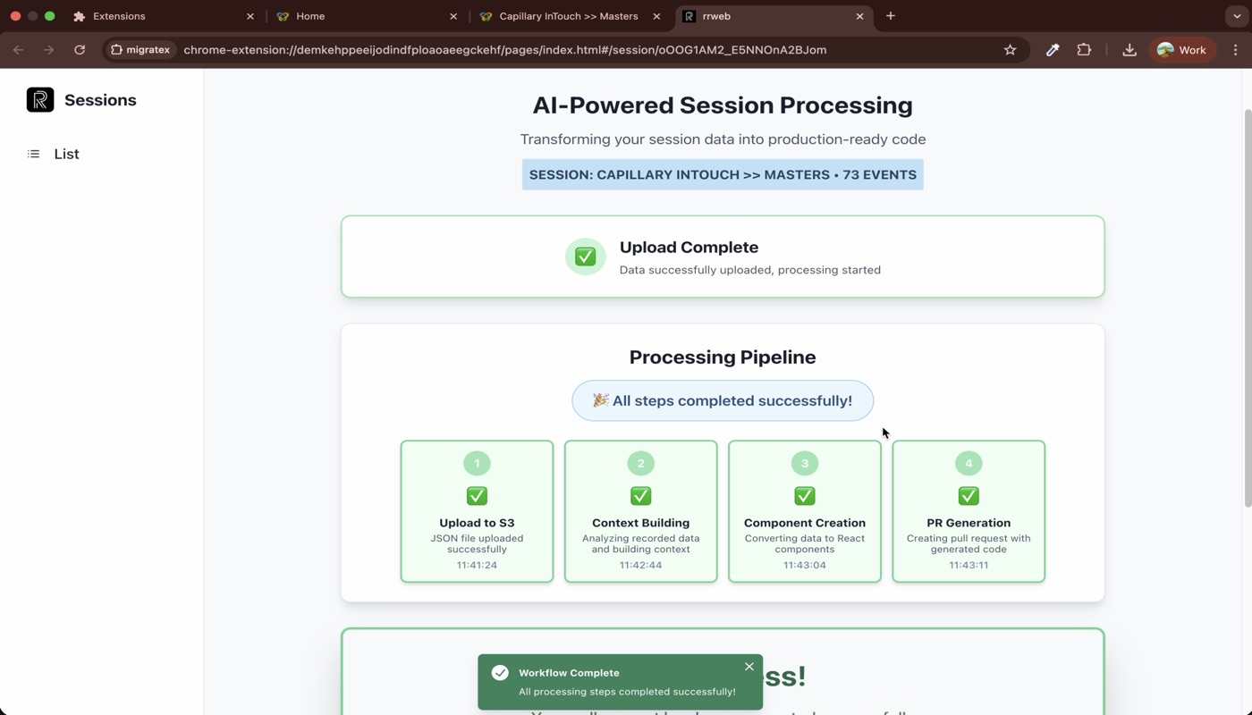 MigrateX processing pipeline — all four stages completing: S3 upload, Context Building, Component Creation, PR Generation
