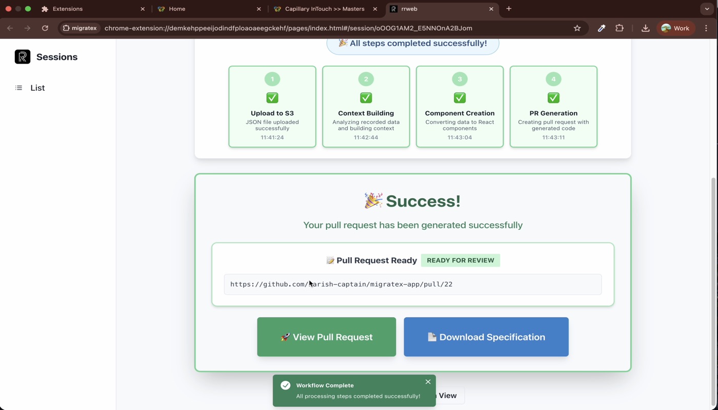 MigrateX generating a GitHub pull request automatically — the migrated React components ready for review