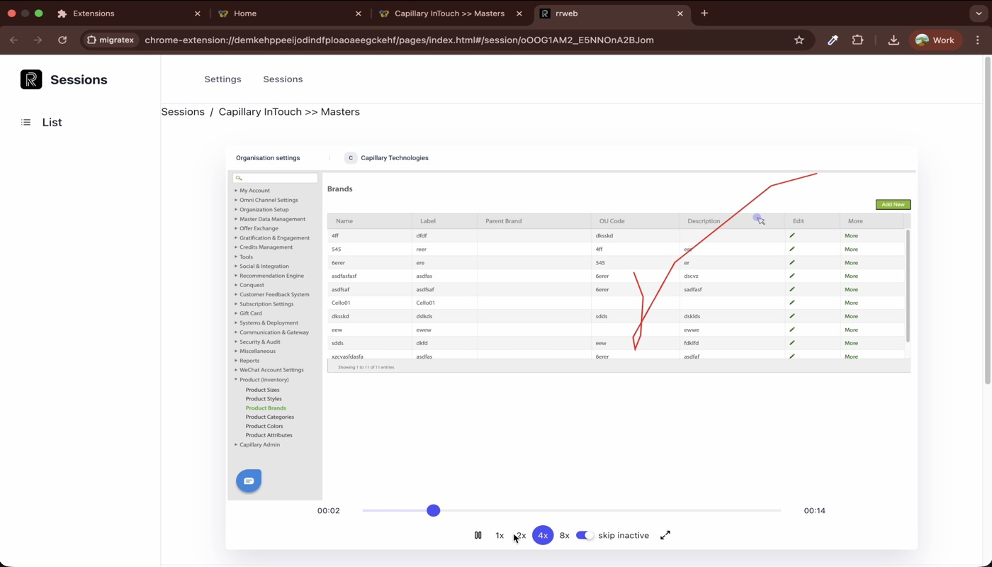 MigrateX Recorder Agent capturing Capillary InTouch — 73 events recorded from the live PHP application
