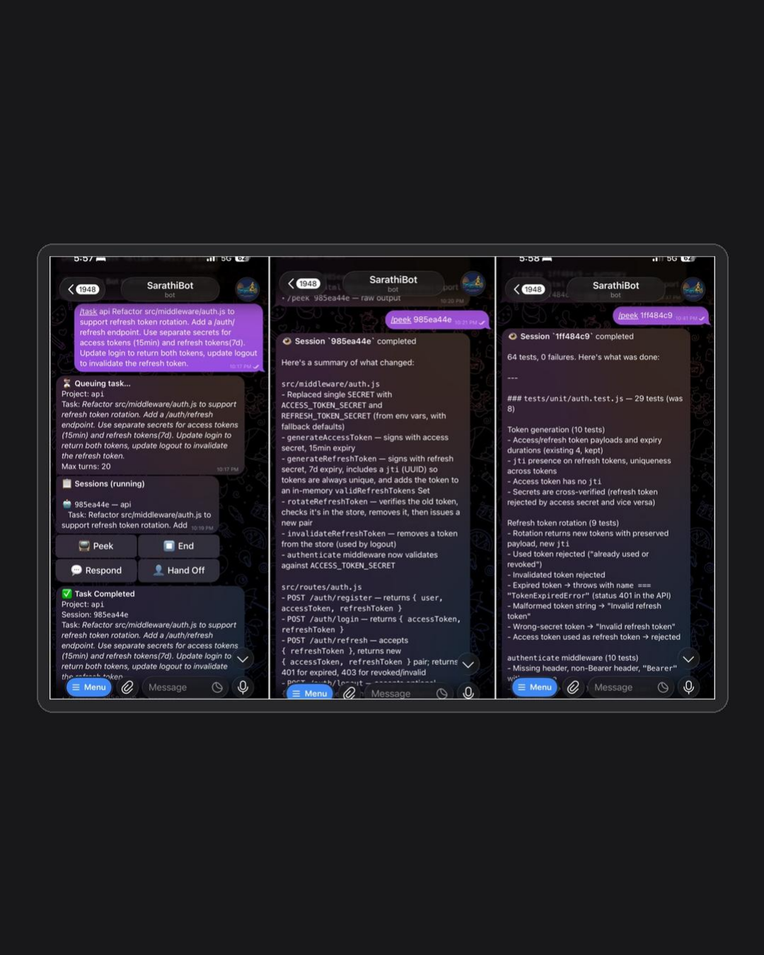 SarathiBot on the phone: the /task dispatch queues, runs the session with Peek / End / Respond / Hand Off controls, then reports the completed diff and a 64-tests-0-failures result — all inline in the chat.