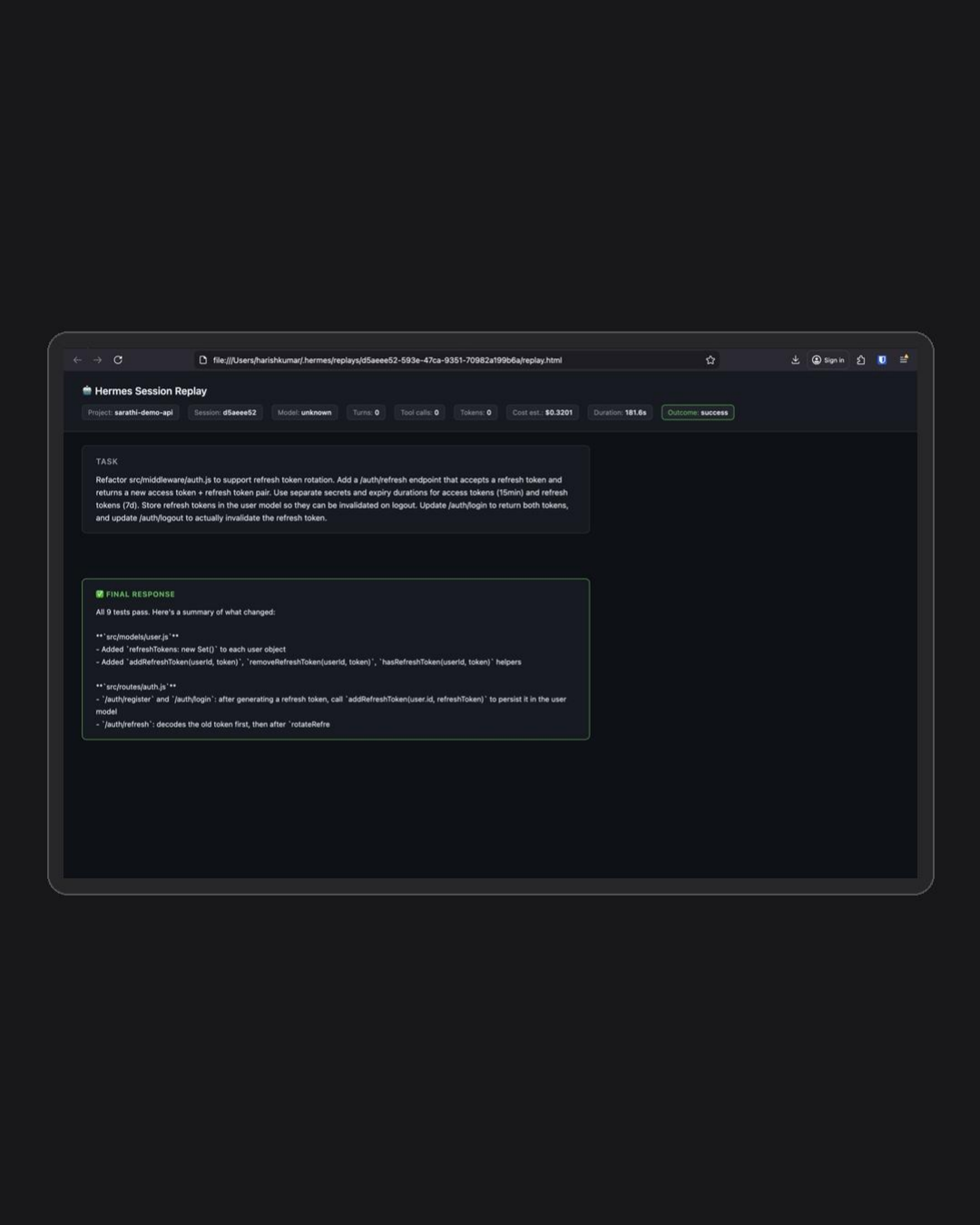 A headless run, archived as a self-contained HTML session replay — the task, the final response, and the run's cost ($0.32), duration (181.6s), and outcome captured at the top.